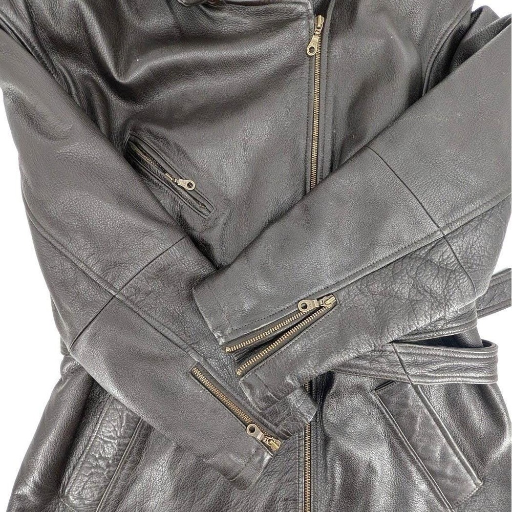 Tannery West‎ Brown Leather Belted Moto Jacket Asymmetrical Zip Quilted L